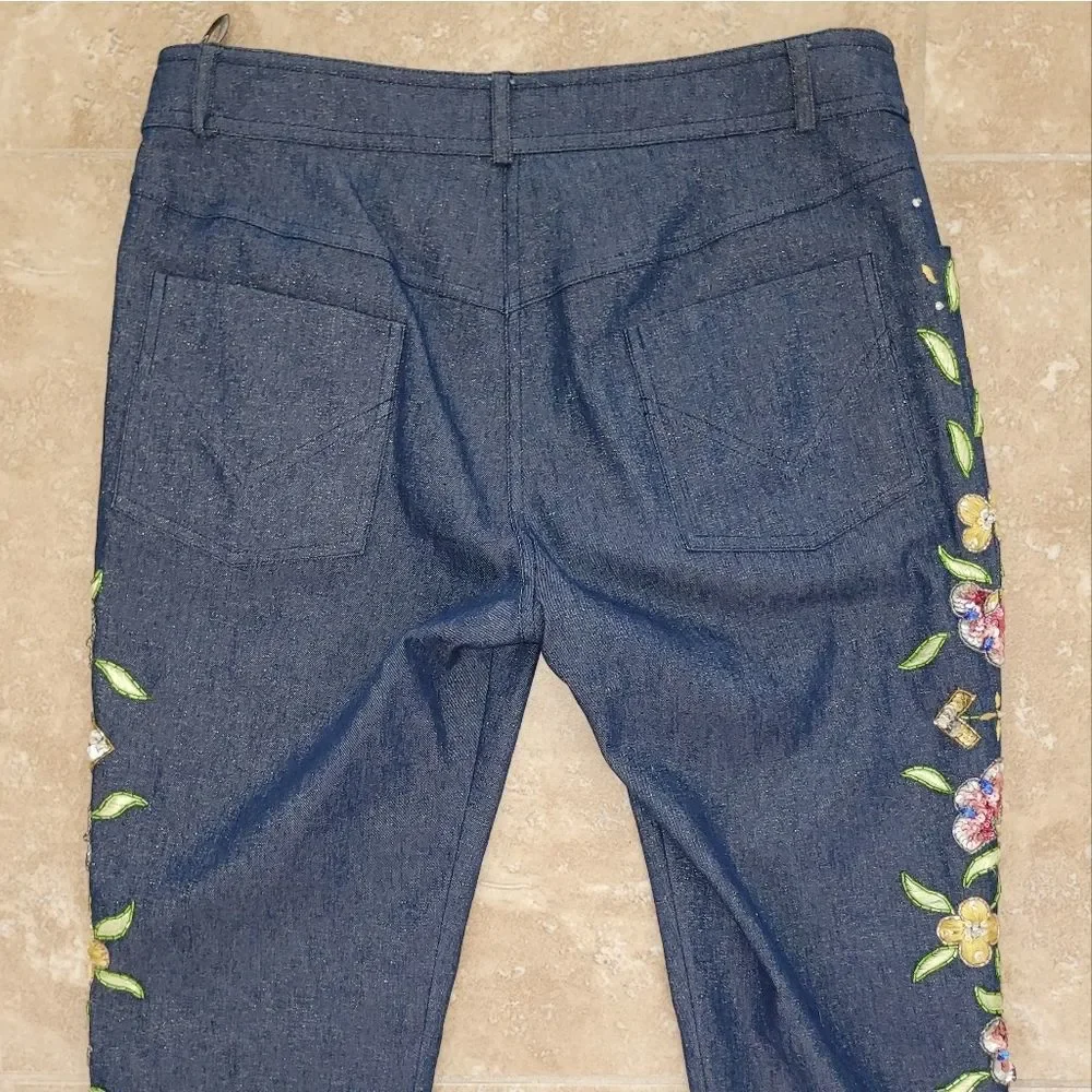 2002 Christian Dior VTG Blue Metallic Denim Pants w/Floral Embellishments - sz 8 - Picture 5 of 14